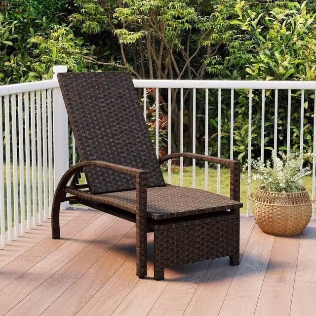 Gymax Brown Polyrattan Wicker Chaise Lounge with 6-Position Adjustable Backrest and Armrests for Pool or Patio