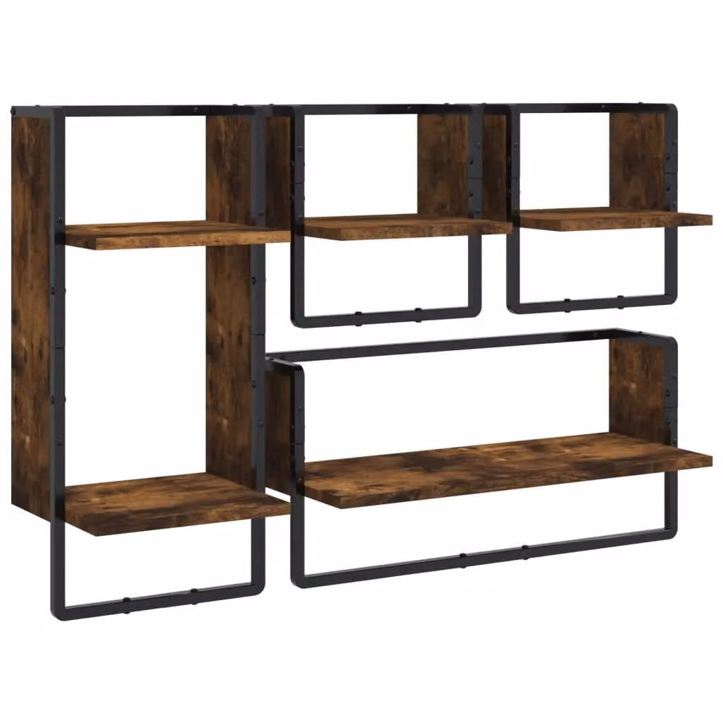 Berkfield Home 4 Piece Wall Mounted Shelf Set with Hanging Rods in Smoked Oak Brown – 2