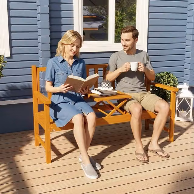 OUTSUNNY Rustic Light Brown Pine Wood Outdoor Garden Bench with Liftable Middle Table, Width: 153 cm – 1