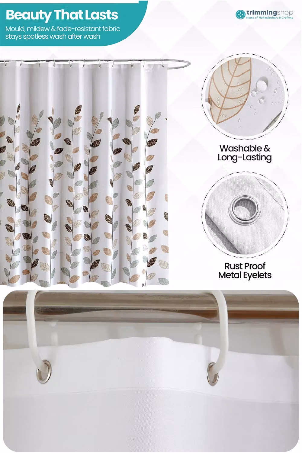 Neel Blue Leaves Design Polyester Water-Resistant Shower Curtain in Blue and White, W/D/H: 180 x 200 cm – 2