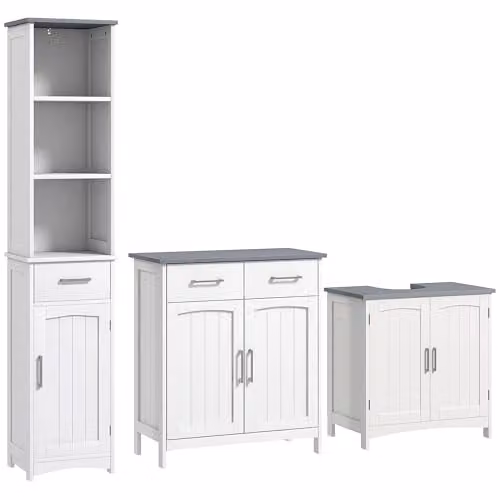 Kleankin 3-Piece Modern Bathroom Furniture Set in White with Vanity Unit, Side Cabinet and Tall Cabinet