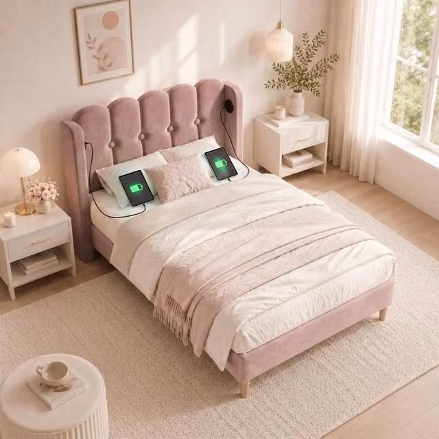 ModernLuxe Pink Velvet Upholstered Single Bed with USB Charging Port and Wooden Slatted Frame, W/D/H: 90 x 190 cm