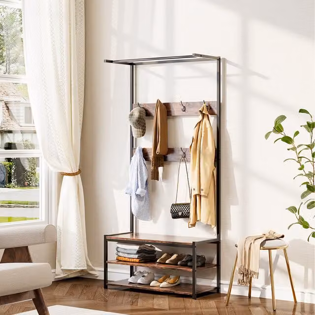 Komore Minimalist Hall Tree with Bench and Dual Hook and Rail Matrix in Brown and Black, Width: 80 cm