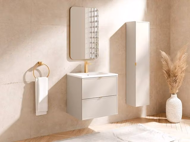 Vente-unique Modern Beige Wall-Mounted Bathroom Vanity Unit with Inset Ceramic Basin and Tall Cabinet
