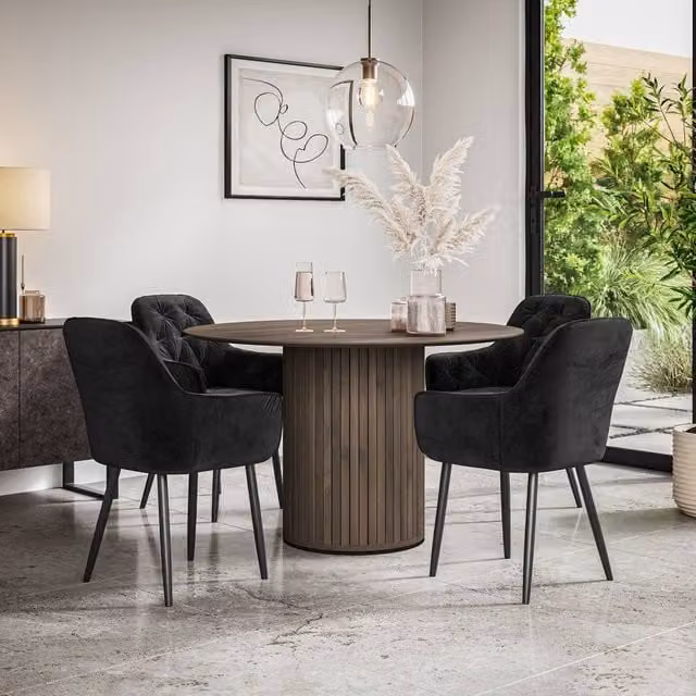 More4Homes Arlo Walnut Round Dining Table and Blue Anika Velvet Dining Chair Set of 4, W/D/H: 120 x 120 x 75 cm