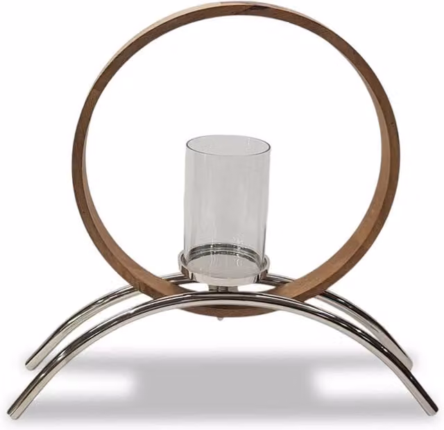 Elm Home And Garden Large Circular Pillar Candle Holder Ornament in Silver, Wood and Metal