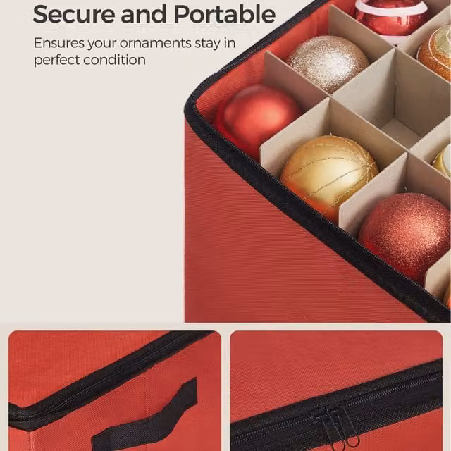 SONGMICS Christmas Decoration Storage Box with Lid and Label Holder, 64-Slot Fabric Organiser, Green and Red