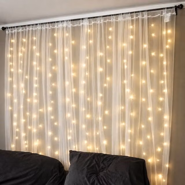 Marco Paul Warm White LED Curtain String Lights with 300 LEDs and Remote Control in Clear – 1