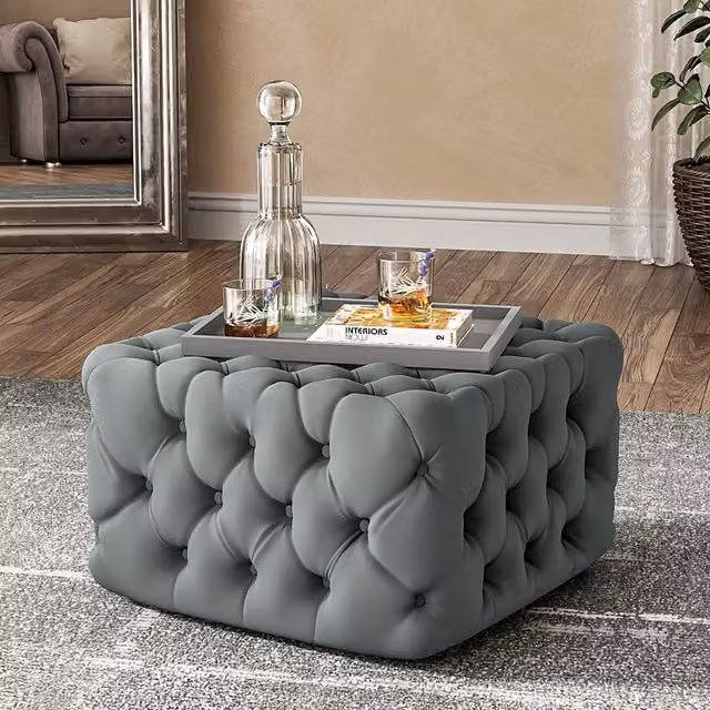 Livingandhome Grey Velvet Chesterfield Buttoned Tufted Cube Footstool