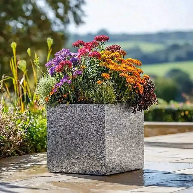 Silver and Black Textured Square Galvanised Steel Planter Tub, 50 cm