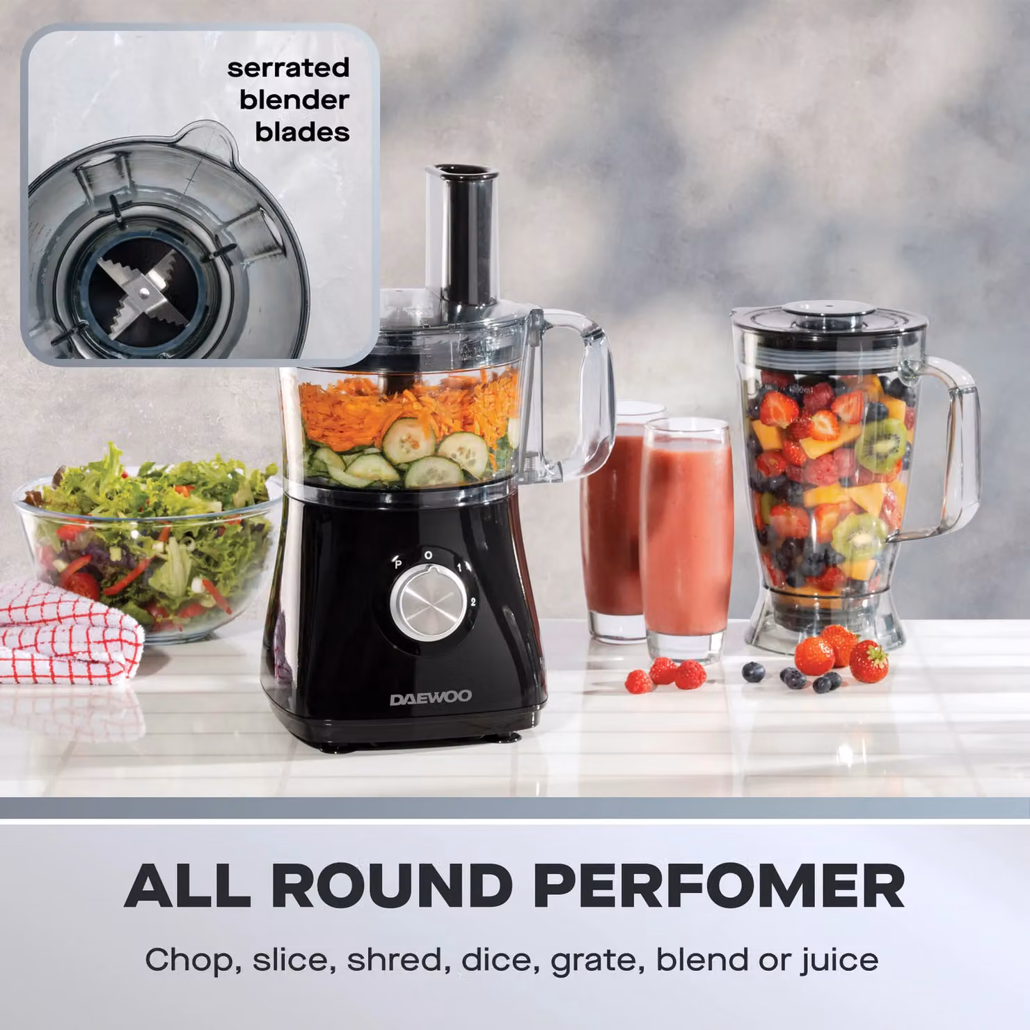 Daewoo All-in-1 2L Electric Food Processor and Chopper with Blender Pitcher in Black – 4