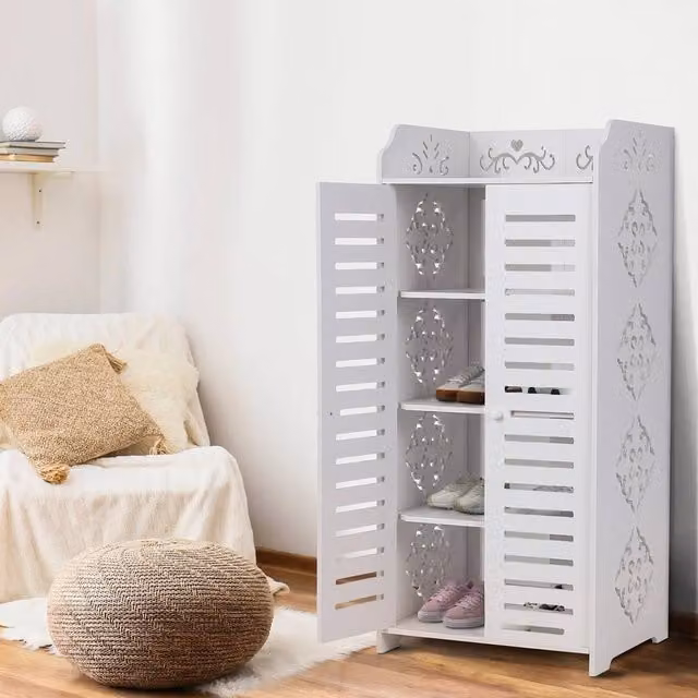 KORVIXA 5 Tier Wooden Shoe Rack in White, W: 100 cm, H: 80 cm, D: 90 cm