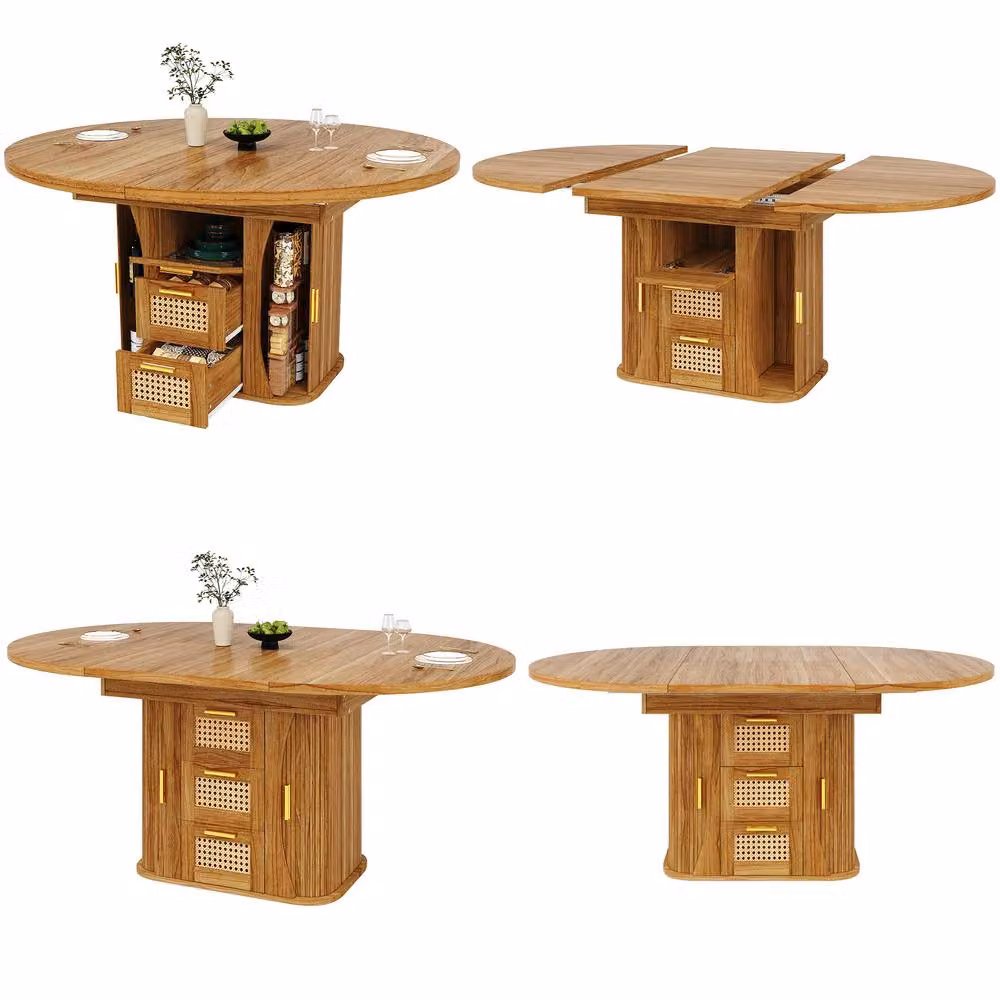 Merax Extendable Round to Oval Wooden Dining Table with 2 Rattan Drawers in Brown, W/D/H: 118 x 77.1 x 75 cm – 3