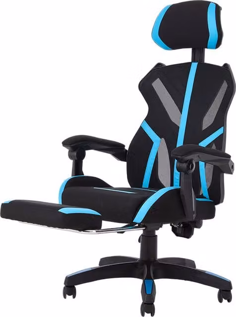Livingandhome Modern Fabric Gaming Chair for Adults in Blue and Black with Headrest, Armrests and Castors
