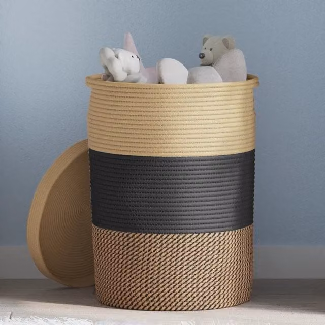 Berkfield Cotton Home Storage Basket with Lid and Handles in Black and Beige, W: 37 cm, H: 50 cm – 1