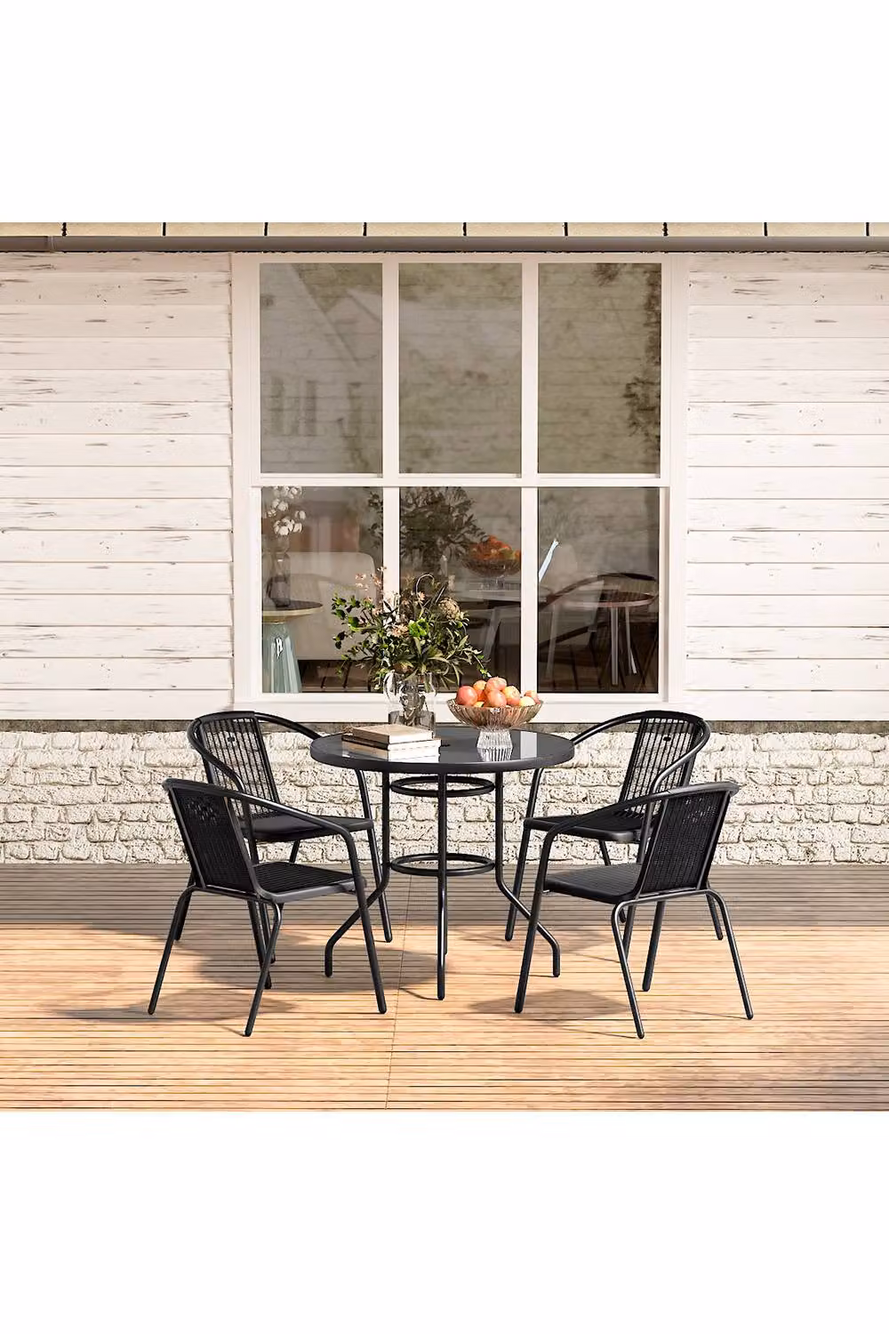 Living and Home 4-Seater Outdoor Garden Dining Bistro Set in Black with Glass and Rattan Details – 2