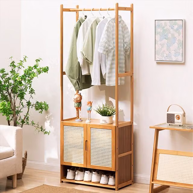 Komore Scandinavian Wooden Coat Rack with Cabinet and Mesh Doors in Brown