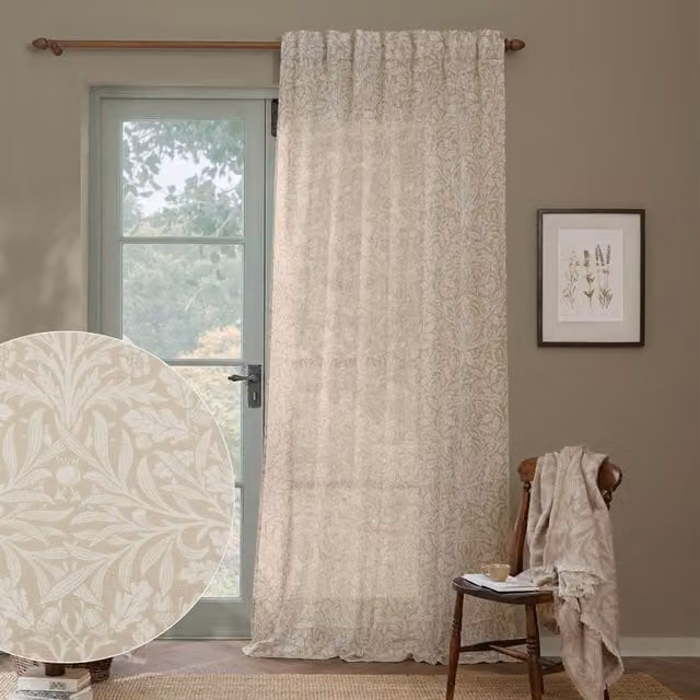 Morris & Co Beige Floral Sheer Viscose Fabric Curtain Panel, Width: 290 cm