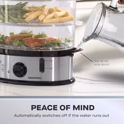 Daewoo 3 Tier Stainless Steel Food Steamer with Rice Bowl, 9L 1200W in Silver – 4
