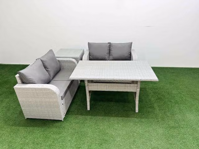 Fimous 4 Seater Rattan Garden Furniture Set with Rectangular Dining Table and Side Table in Light Grey