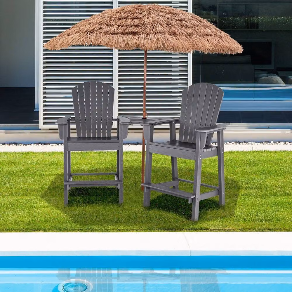 Gymax Grey Adirondack Chair Set with Double Barstools and Middle Connecting Tray – 4
