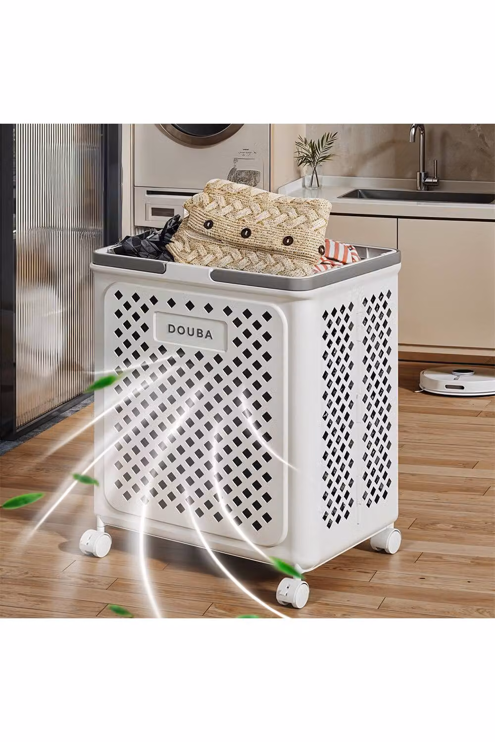 Living and Home Foldable Laundry Basket and Hamper with Wheels, White, Large – 2