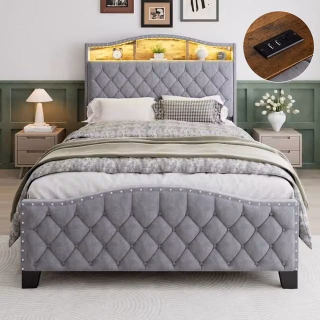 Rolipo Grey Velvet Double Storage Bed with LED Headboard and Side Compartments W/D/H: 135 x 190 cm – 1