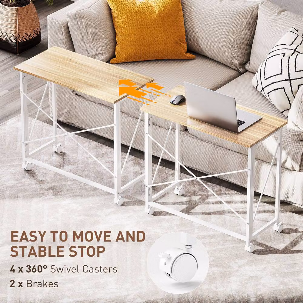 HOMCOM Folding Writing Desk with Castors for Home Office in Light Oak and White – 4