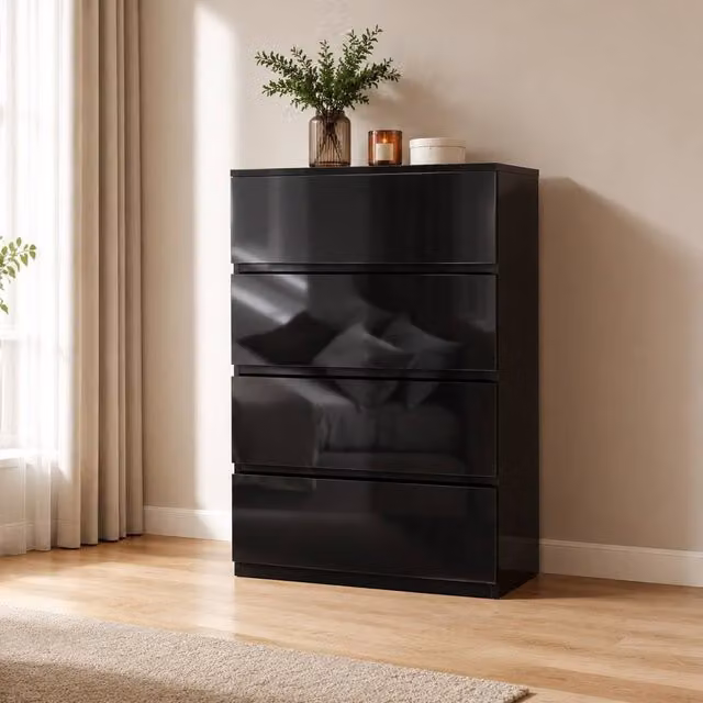 STILVORA Modern Glossy Black Chest of Drawers with 4 Soft-Close Drawers – 1