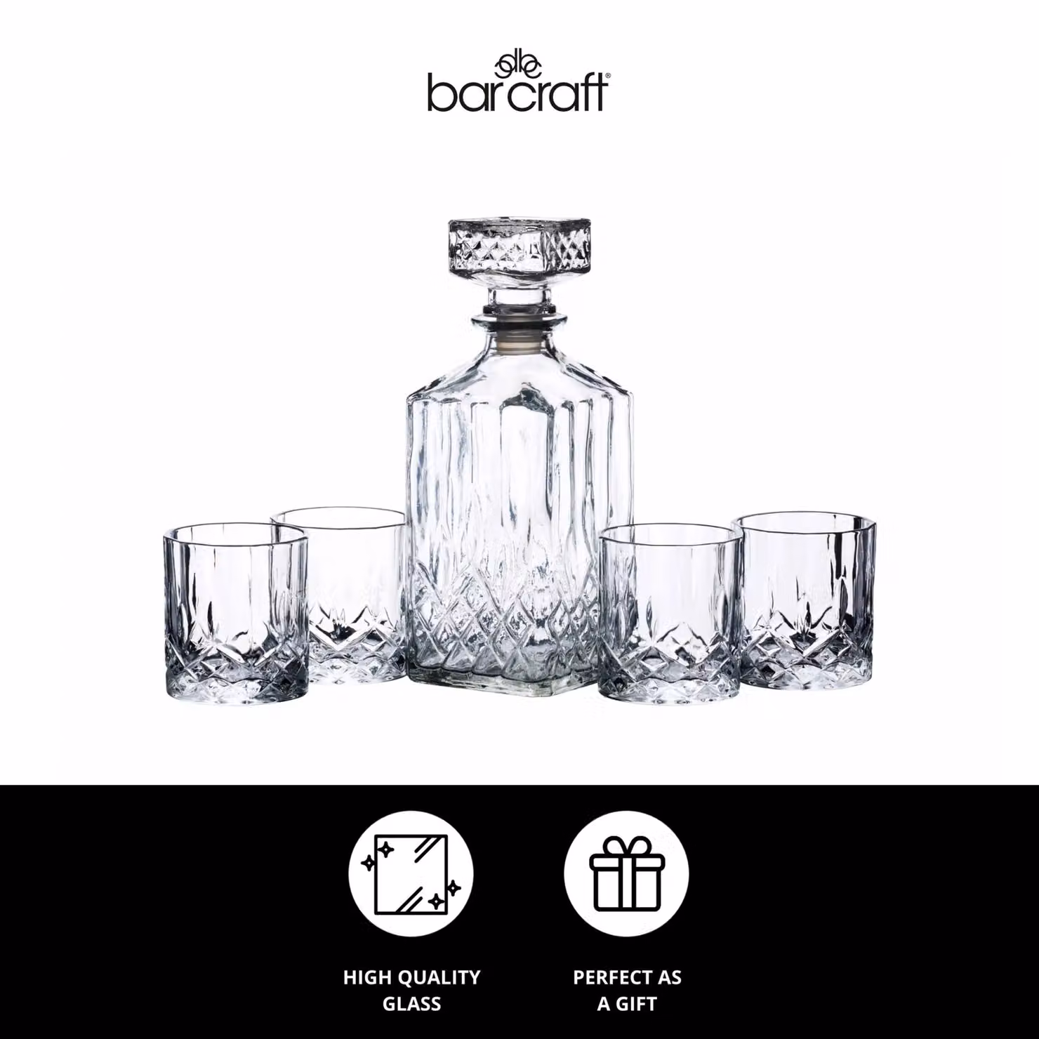 BarCraft Geometric Cut Glass Decanter Set with Stopper in Transparent – 4