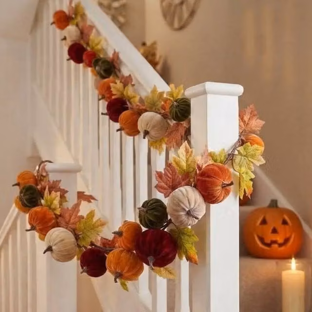 Garden Greatness 6ft Autumnal Plush Fall Pumpkin Garland in Orange and Multicolour