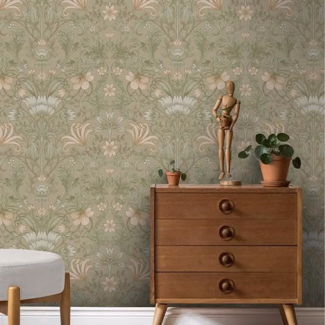 Holden Vintage Botanical Floral Garden Wallpaper in Beige and Green