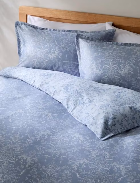 M&S Aida-Alouette Blue Mix Floral Damask Sateen Cotton Bedding Set, W: 140 cm, L: 200 cm