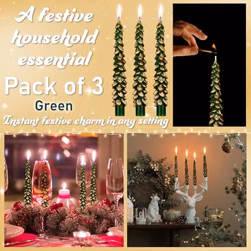 Deco Express Christmas Tree Dinner Candle Set in Green and Gold – 3