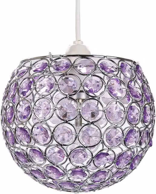 Happy Homewares Round Globe Easy Fit Pendant Shade with Purple Acrylic Bead Jewels and Chrome Details