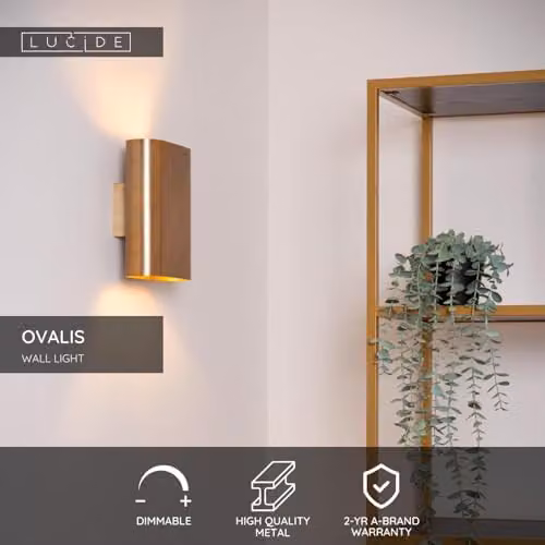 Lucide Ovalis Dimmable Modern Oval Wall Lamp in Gold/Brass with 2 x E14 Sockets – 2