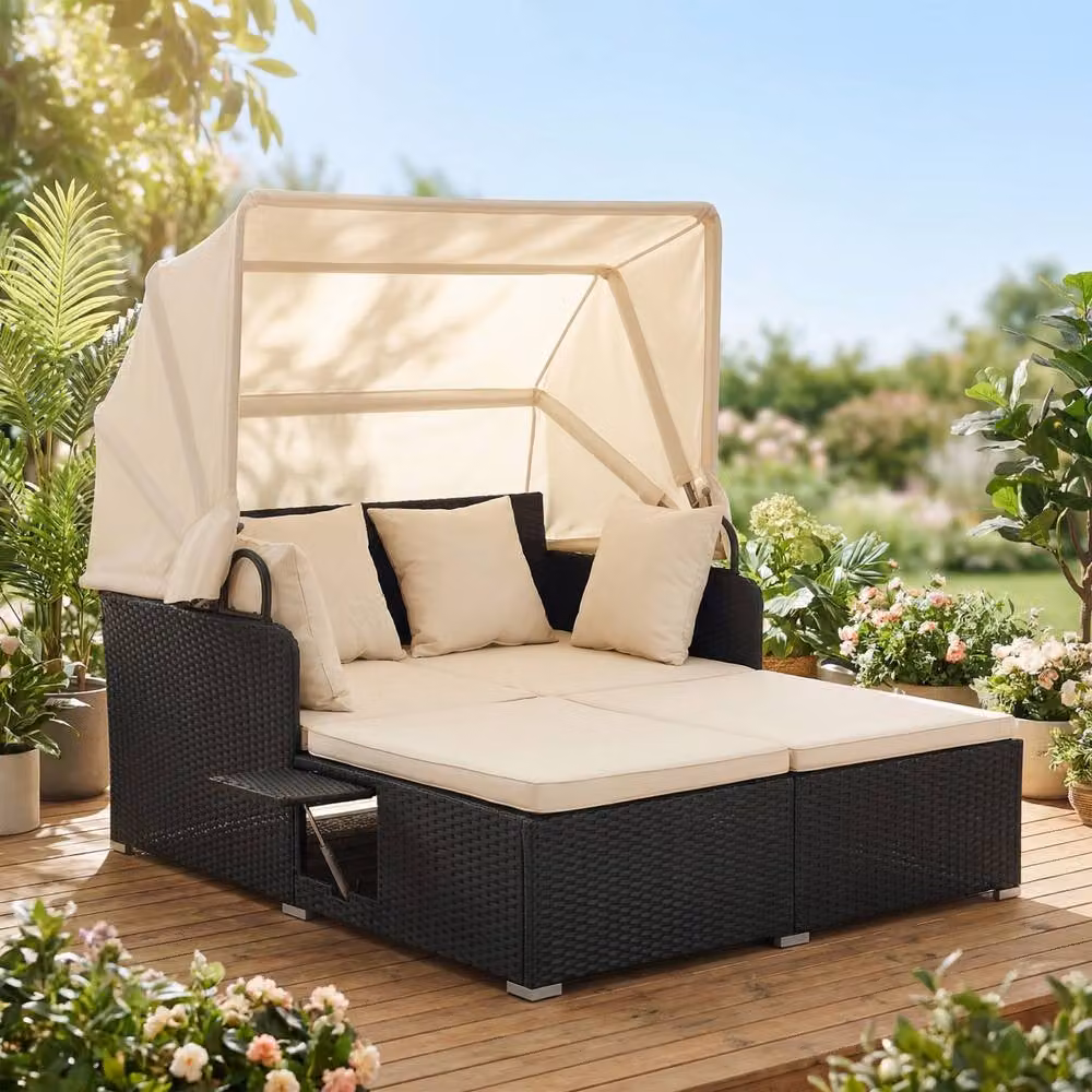 Gymax Outdoor PE Rattan Wicker Sunbed for 2 Adults in White – 3