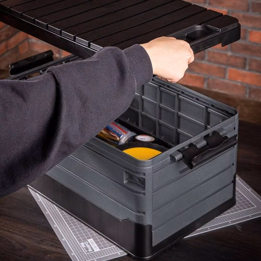 KORVIXA Large Foldable Camping Storage Box with Lid and Handles, Black, W/D/H: 59 x 36 x 29 cm – 4