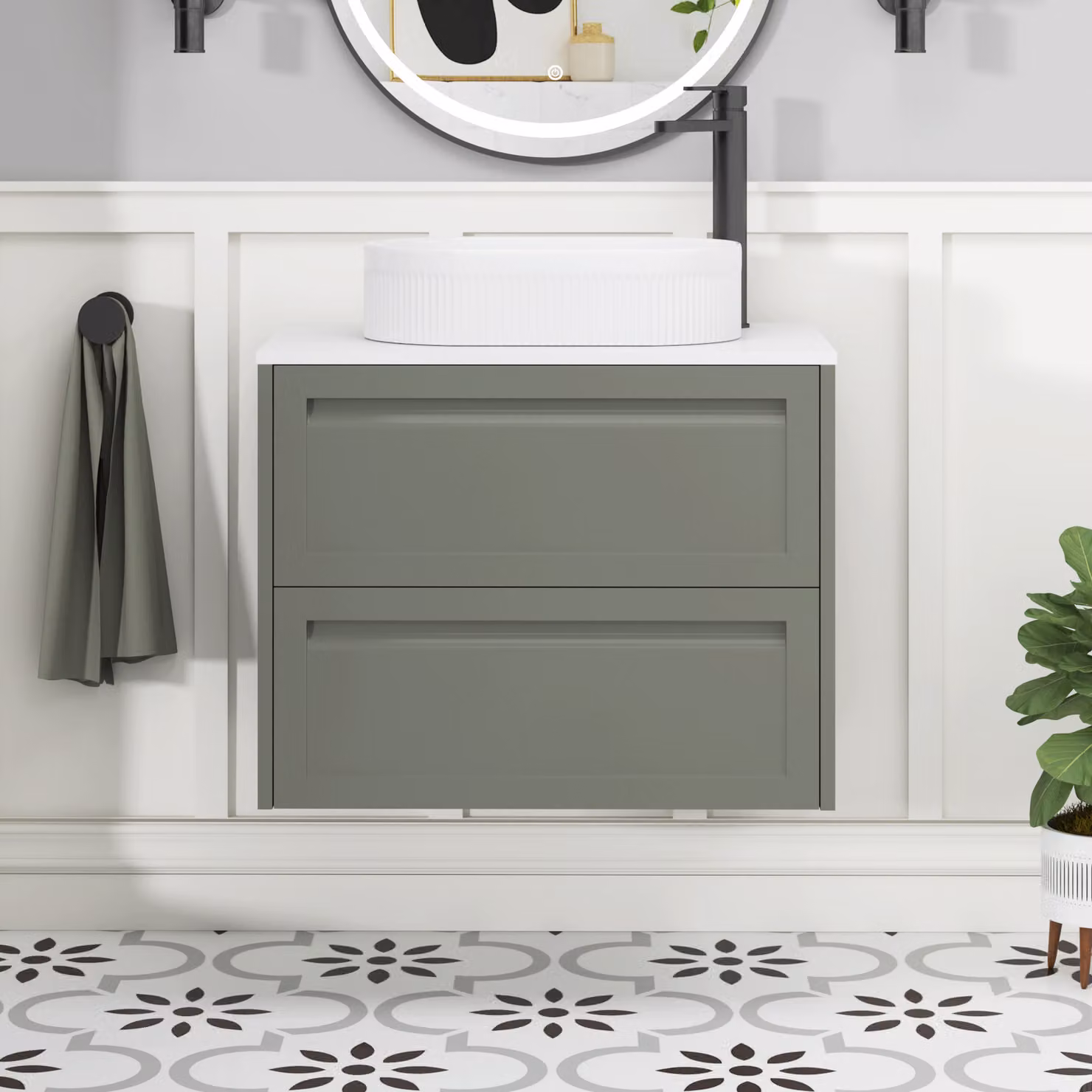 Royal Bathrooms Elmore Matt Green 2 Drawer Wall Hung Vanity Unit with Plain White Worktop