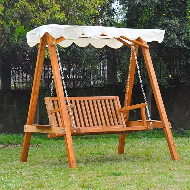 Outsunny 2 Seater Rustic Wooden Garden Swing Chair with Sun Canopy in Beige, White or Brown