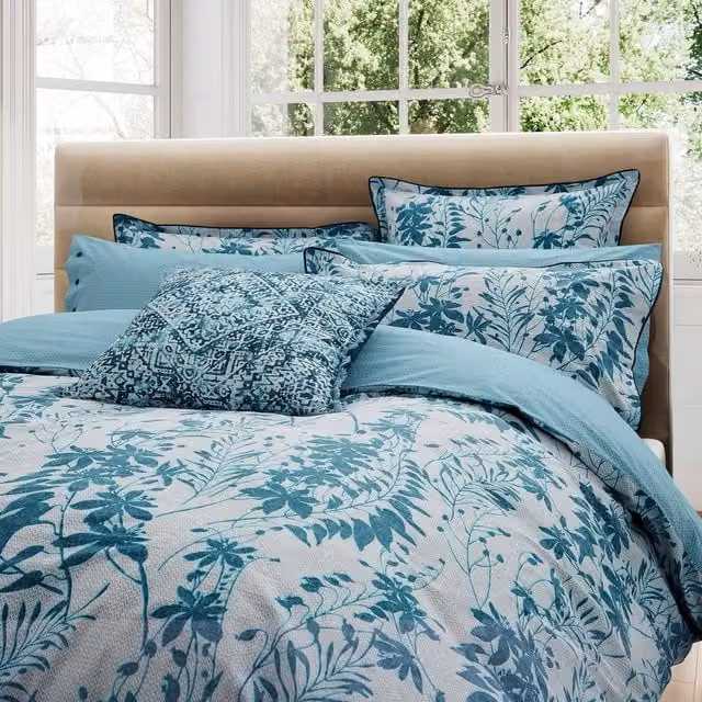 Bedeck of Belfast Mieko Super Kingsize Floral Cotton Percale Duvet Cover and Pillowcase Set, Petrol and Silver, 200 x 200 cm