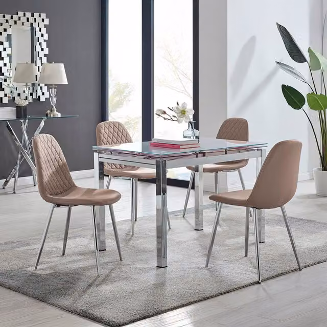 FurnitureboxUK Enna White Glass Extending Rectangular Dining Table and 4 Corona Silver Leg Chairs in Cappuccino