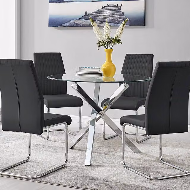 FurnitureboxUK Selina Round Glass and Chrome Metal Dining Table and Lorenzo Chairs Set in Black – 1