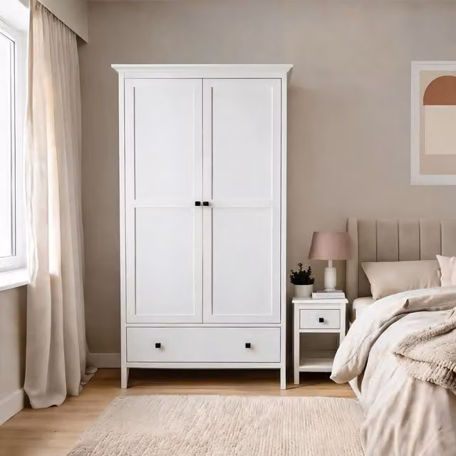 Home Source Bellevue 2 Door Wardrobe with Storage Drawer in White