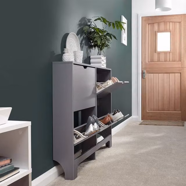 GFW Modern Narrow 4 Drawer Grey Shoe Cabinet with Tilting Compartments