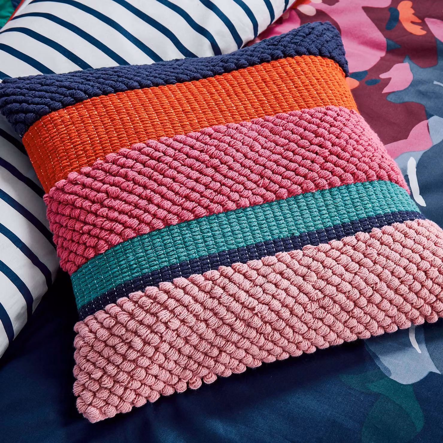 Joules Chatsworth Striped Cotton Square Cushion, Multicolour, W/D/H: 45 x 45 x 45 cm – 2