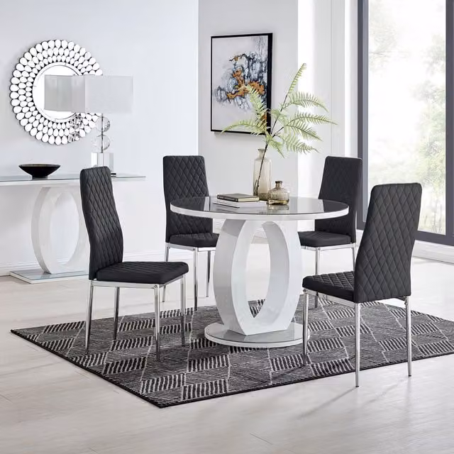 FurnitureboxUK Giovani Round Glass Dining Table and 4 Milan Chairs Set, Grey and Black, Diameter: 120 cm