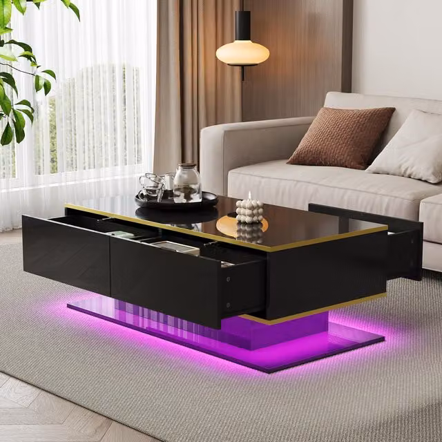 Aosom Modern LED Coffee Table with USB-Powered Colour-Changing Light Strip and 3 Drawers, Black, W: 100 cm, D: 50 cm, H: 40 cm