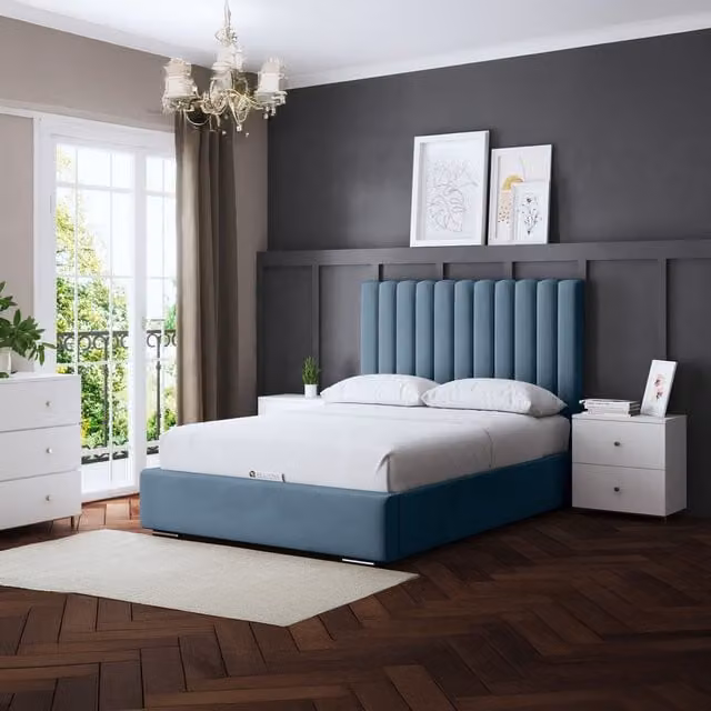 DS Living Evangeline Velvet Panel Ottoman Bed in Blue, W/D/H: 180 x 200 cm