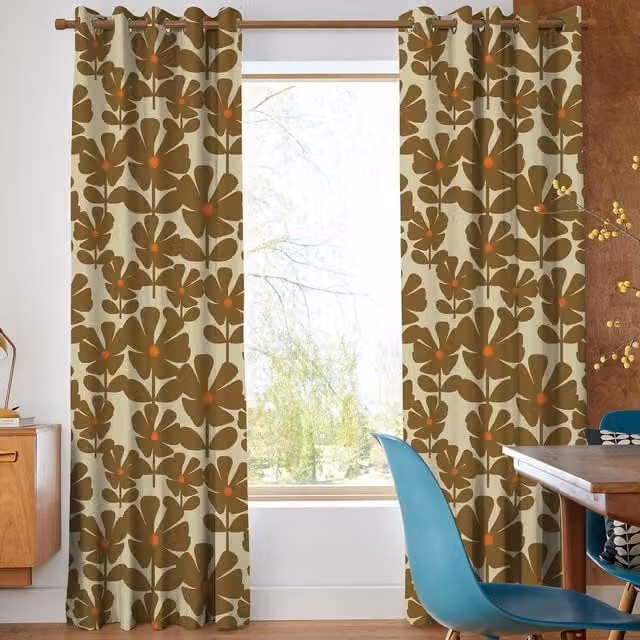 Orla Kiely Wildflower Made To Measure Blackout Cotton Eyelet Curtains in Coffee and Brown